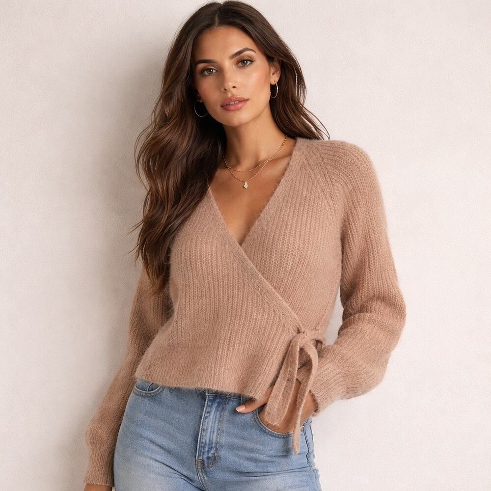 Express Wrap Sweater | Camel Tie Waist Knit | XL